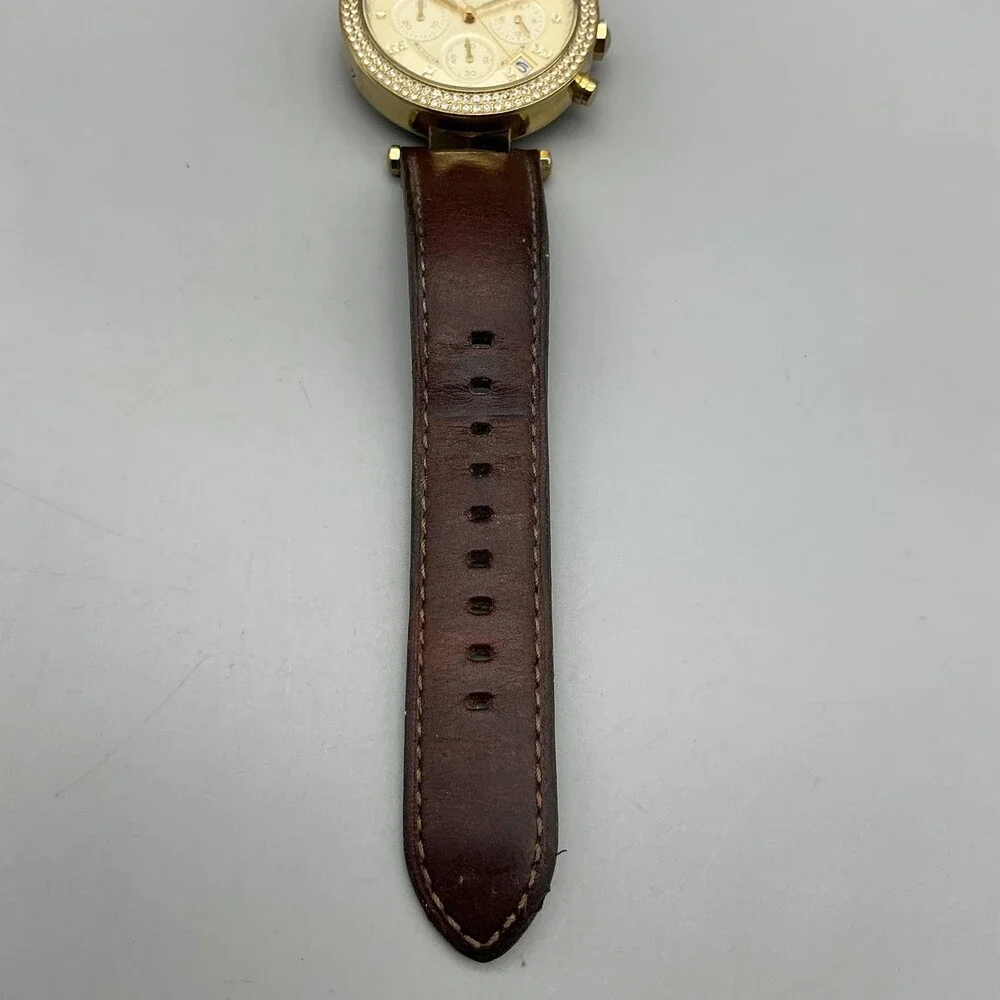 Michael Kors Womens Watch 39mm Gold Tone Leather Chronograph MK-2249 New Battery